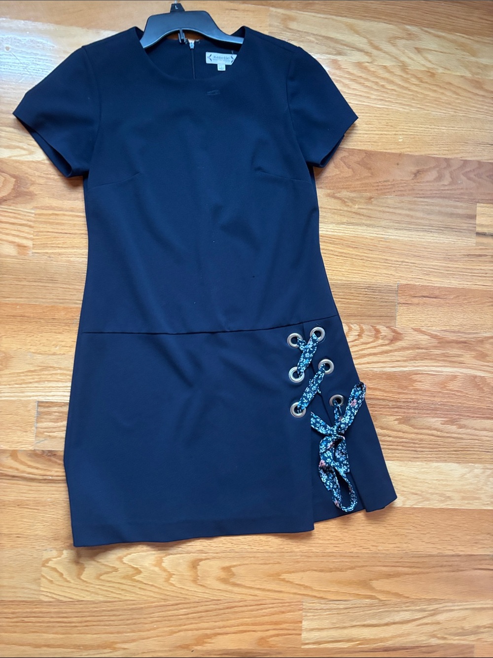 Oonagh by Nanette Lepore Navy Short-Sleeve Mini Dress with Floral Lace-Up Accent